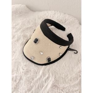 Renato Balestra Embellished Pearl Beaded Sun Visor Hat Natural Straw